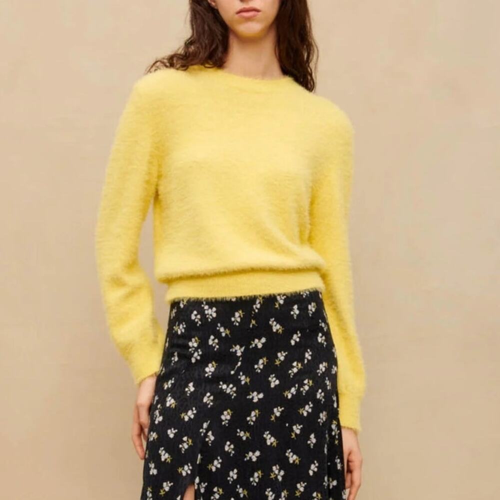 Maje Moustier Fuzzy Textured Crewneck Sweater Yellow Size 1 Small